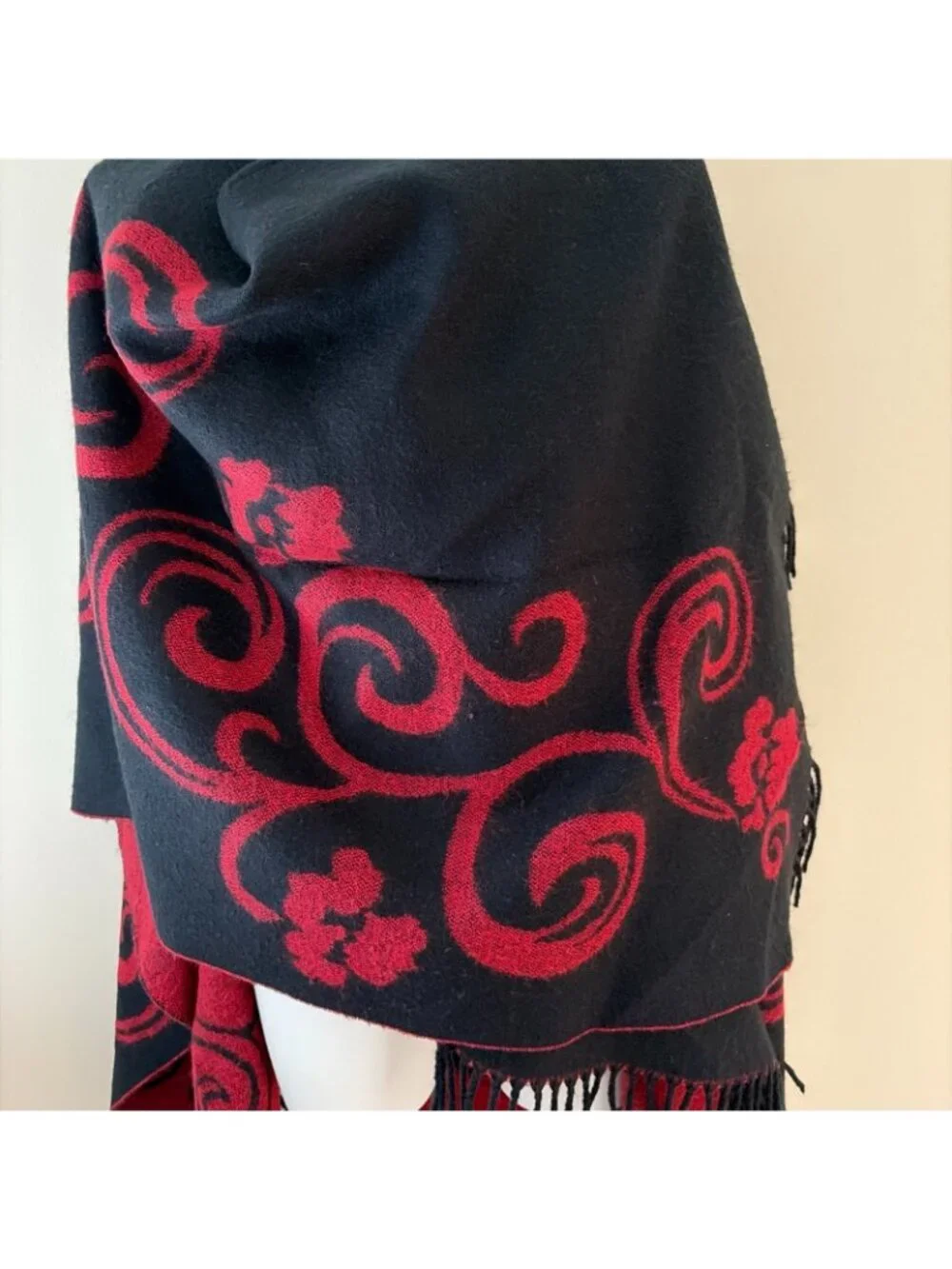 Women's Reversible Wool Blend Cape Poncho Prairie Shawl Red Back Fringe One Size